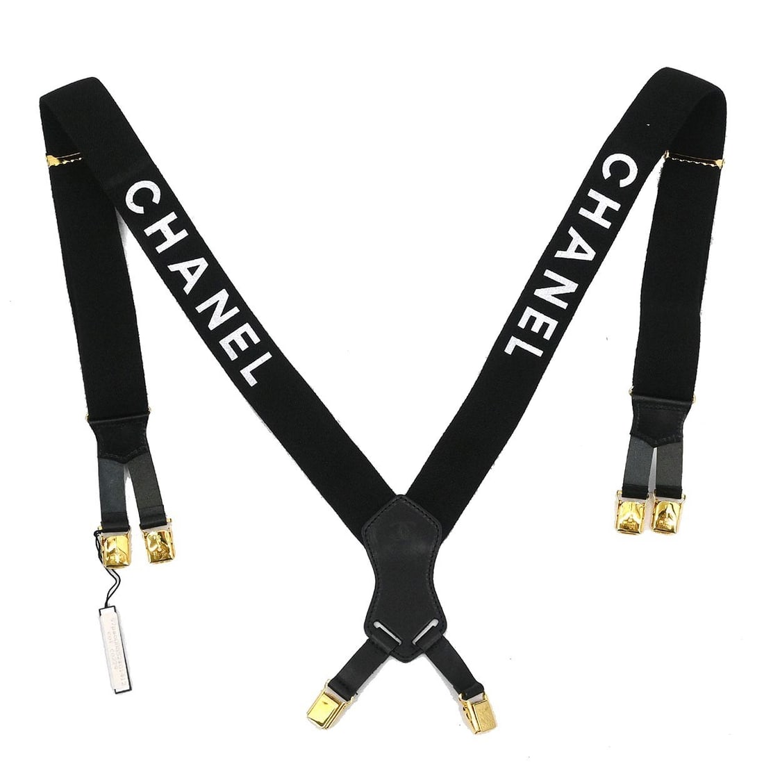Chanel Leather Black Suspenders One Size from France: Chanel Leather Black Suspenders One Size from France These Chanel black suspenders feature a leather construction and metal accents, offering a stylish and functional accessory. Made in France, they a