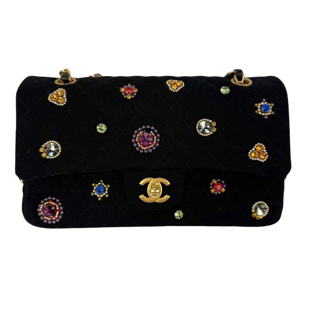 Medium Chanel Jersey Crystal Studded Quilted Double Flap Shoulder Purse Black: Medium Chanel Jersey Crystal Studded Quilted Double Flap Shoulder Purse Black This Chanel Jersey Knit Medium Double Flap Bag features a rectangular silhouette with black quilted jersey knit and leathe