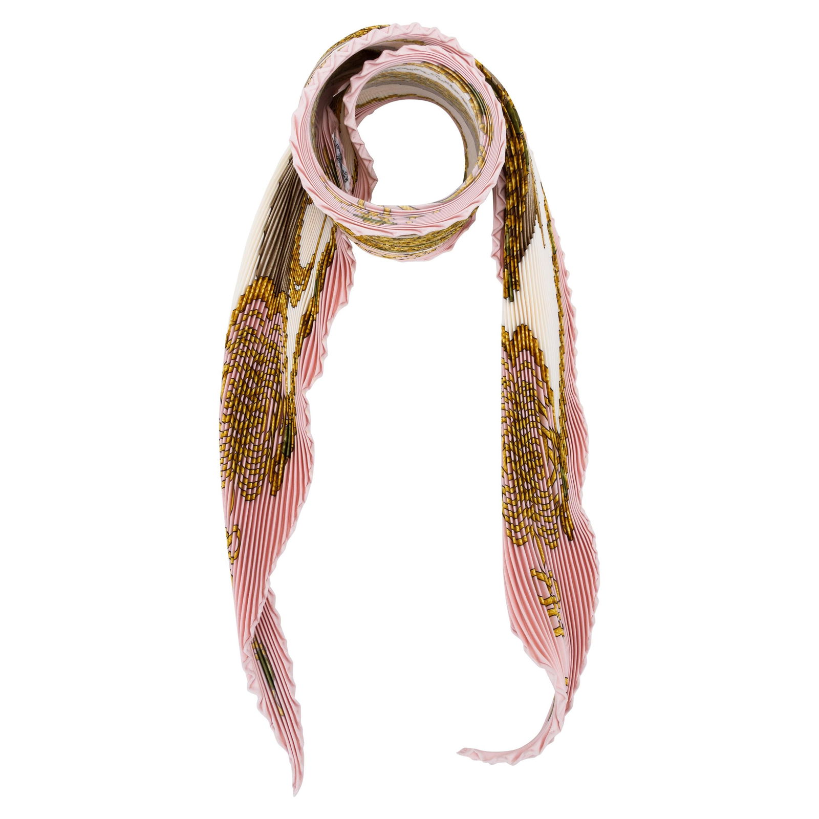 Hermes Brandebourg Pink Pleated Silk Scarf by Cathy Latham: Hermes Brandebourg Pink Pleated Silk Scarf by Cathy Latham This exquisite Hermes Pleated Brandeburg Pink Scarf is a luxurious accessory crafted from 100% silk twill. Featuring hand-rolled edges, this