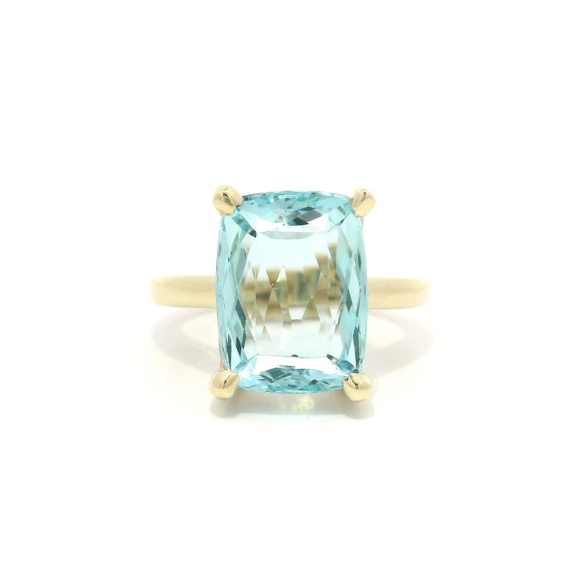 14k Yellow Gold 6.12ct Cushion Blue Aquamarine Cocktail Ring: 14k Yellow Gold 6.12ct Cushion Blue Aquamarine Cocktail Ring This stunning cocktail ring features a natural, genuine cushion-cut blue aquamarine weighing approximately 6.12 carats, beautifully prong s