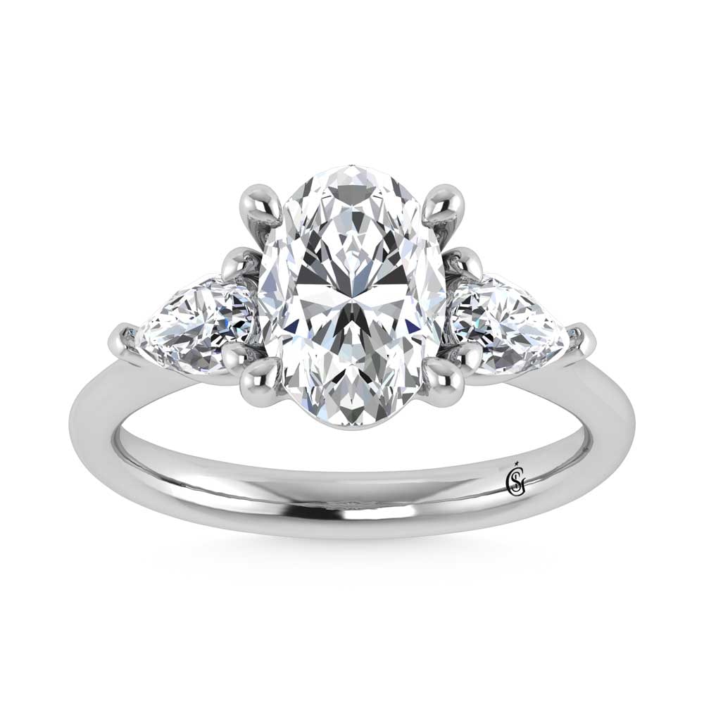 14K White Gold Lab Grown Diamond 2 5/8 Ct.Tw. Oval Shape Three Stone Engagement Ring: 14K White Gold Lab Grown Diamond 2 5/8 Ct.Tw. Oval Shape Three Stone Engagement Ring This stunning three-stone ring features a sparkling 2 CT Oval Center diamond with two shimmering side diamonds, sym