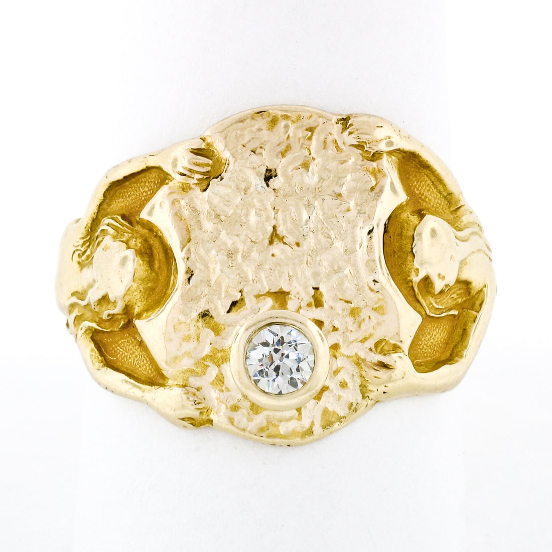 Antique Art Nouveau 14K Gold Diamond Nymph Portrait Ring: Antique Art Nouveau 14K Gold Diamond Nymph Portrait Ring This exquisite antique Art Nouveau ring is crafted from solid 14K yellow gold, showcasing a stunning nude nymph woman portrait design. The cent