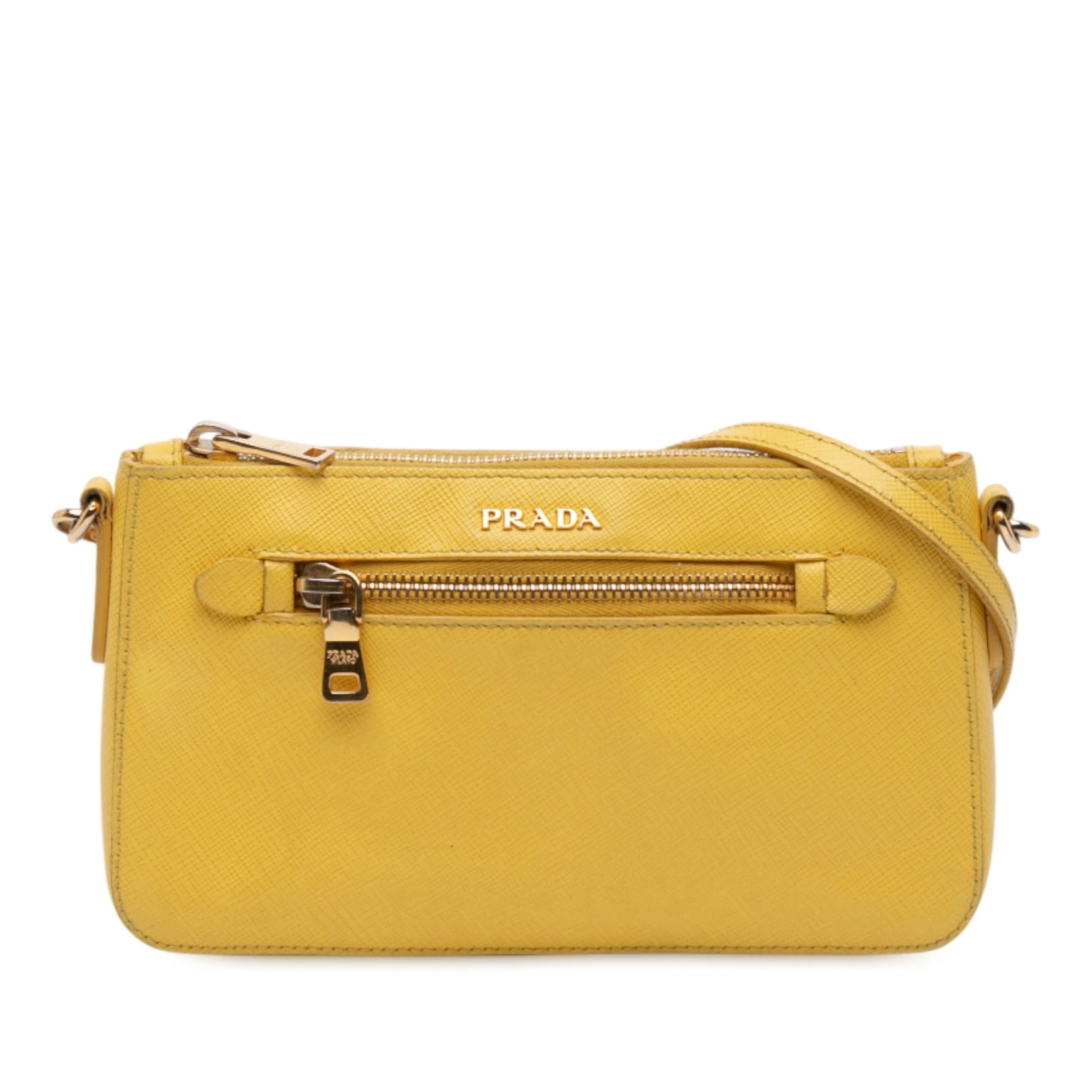 Yellow Prada Saffiano Lux Leather Crossbody Bag with Front Zip Pocket: Yellow Prada Saffiano Lux Leather Crossbody Bag with Front Zip Pocket This Prada Saffiano Lux Front Pocket Crossbody is crafted from saffiano leather in yellow and features a detachable flat leather s