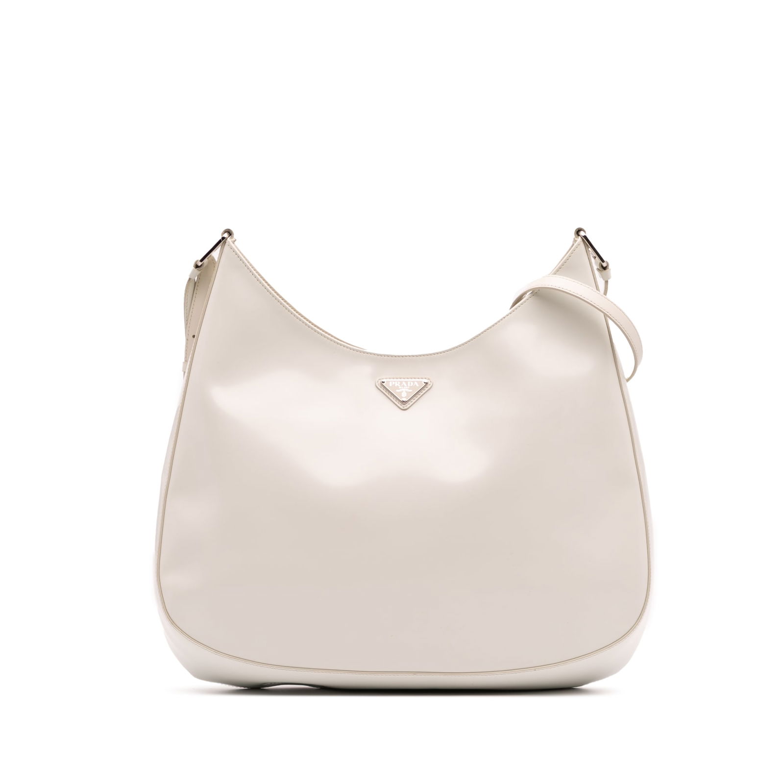 Prada Maxi Spazzolato Cleo Leather Crossbody Bag White: Prada Maxi Spazzolato Cleo Leather Crossbody Bag White The Prada Maxi Spazzolato Cleo Crossbody is a stylish and functional accessory crafted from high-quality leather. It features a flat leather shou