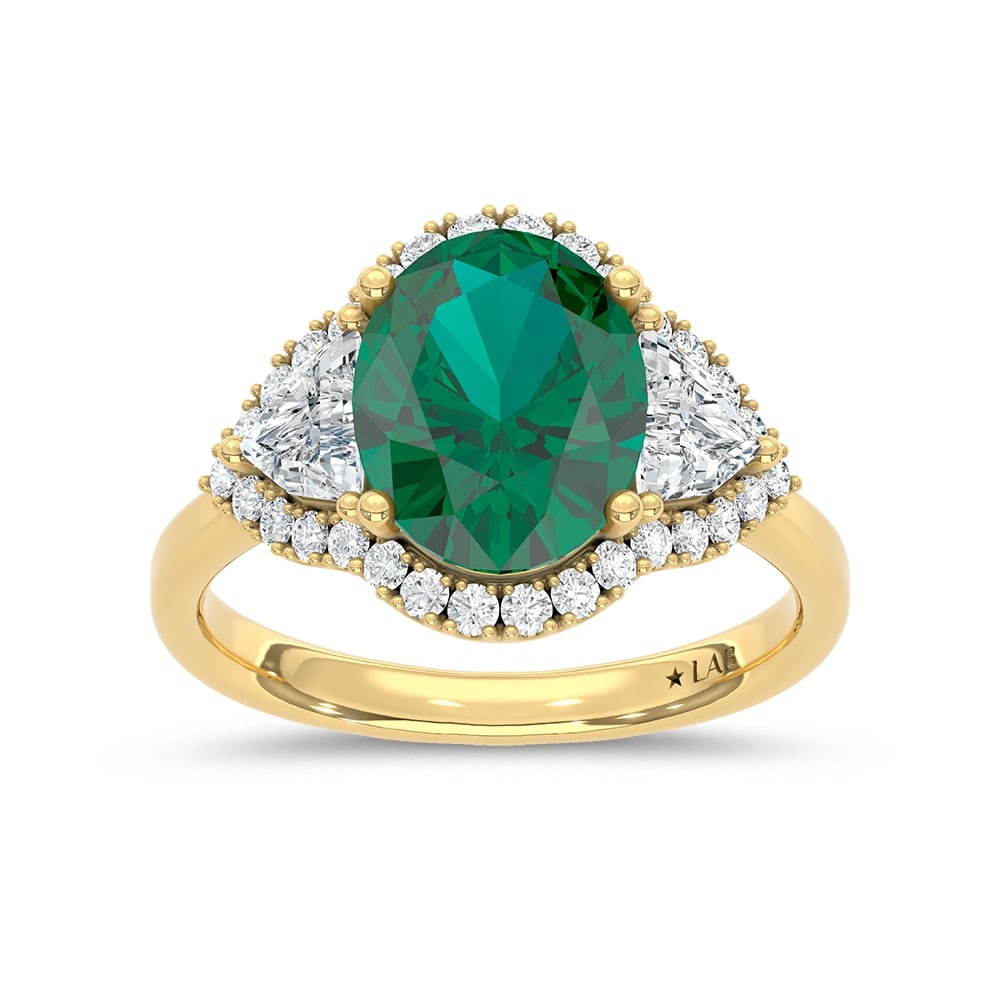 14K Yellow Gold Lab Grown Diamond 3 3/4 Ct.Tw. Cushion Shape Recrystalized Emerald Engagement Ring: 14K Yellow Gold Lab Grown Diamond 3 3/4 Ct.Tw. Cushion Shape Recrystalized Emerald Engagement Ring (Center 2 3/4 ct) Celebrate refined elegance with this 14K yellow gold engagement ring, featuring a l