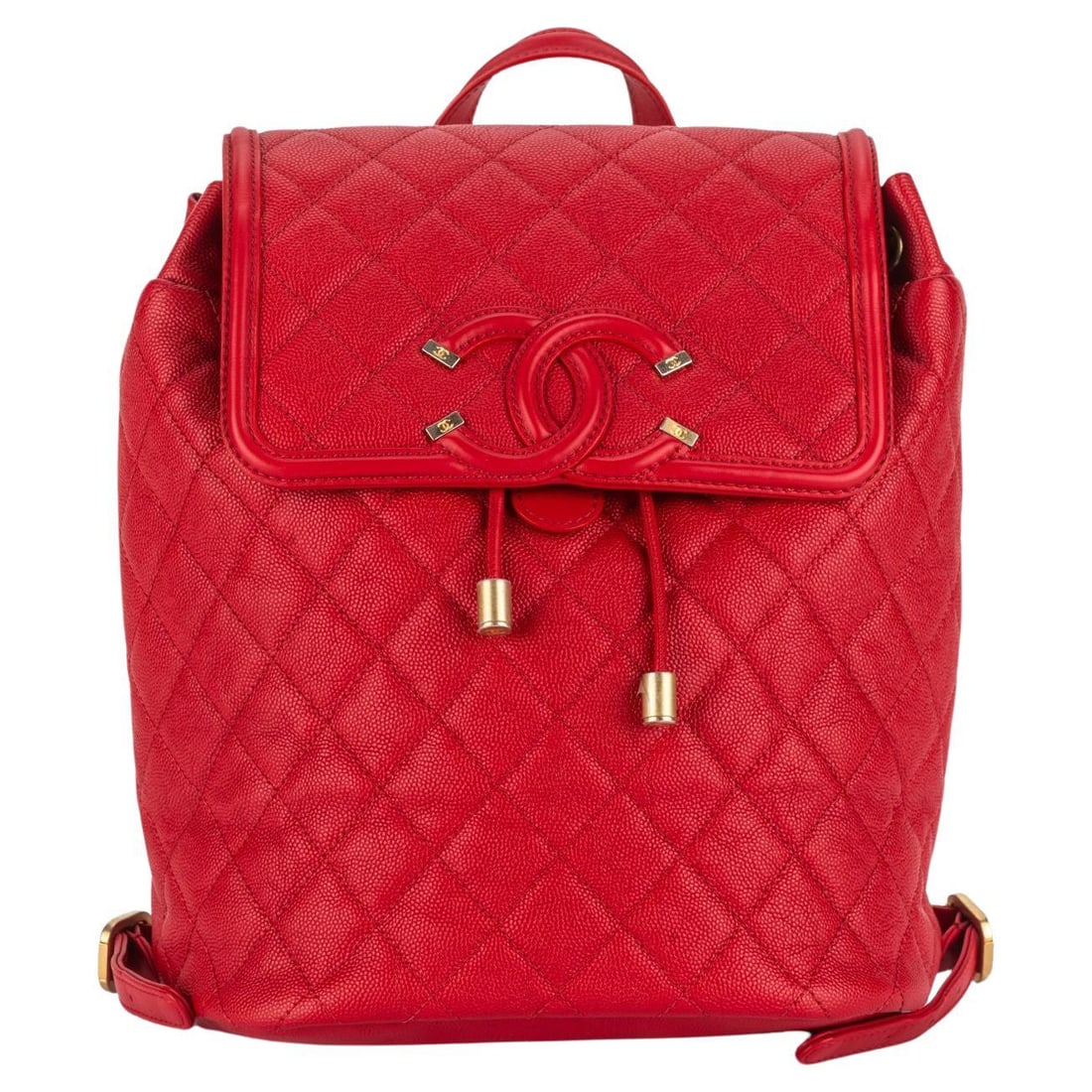 Chanel Red Caviar Quilted Filigree Backpack with Gold Chain Straps: Chanel Red Caviar Quilted Filigree Backpack with Gold Chain Straps This exquisite Chanel Caviar Quilted Filigree Backpack showcases luxurious red caviar leather with an elegant quilted design. It feat