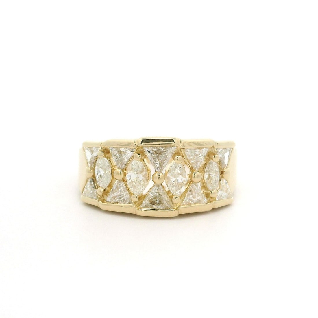 Unique 14k Yellow Gold Wide Band Ring with Marquise & Trillion Cut Diamonds (1 of 10)