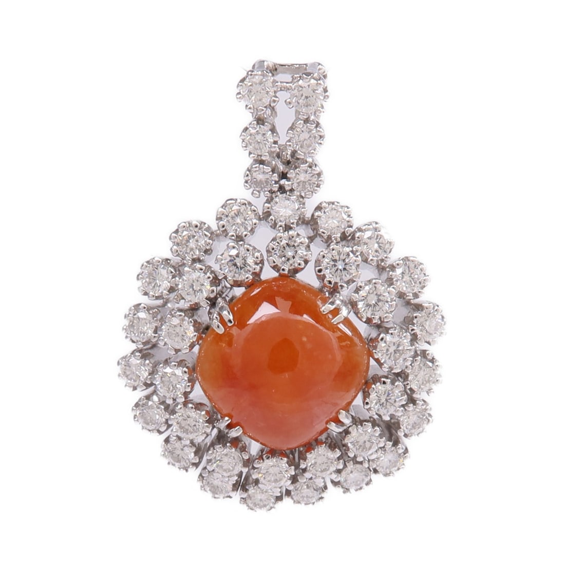 Opal and Diamond Pendant in 18K White Gold with Orange Accent: Opal and Diamond Pendant in 18K White Gold with Orange Accent This pendant features a vibrant orange opal accented with diamonds, set in 18K white gold. The piece is designed as a pendant top and disp