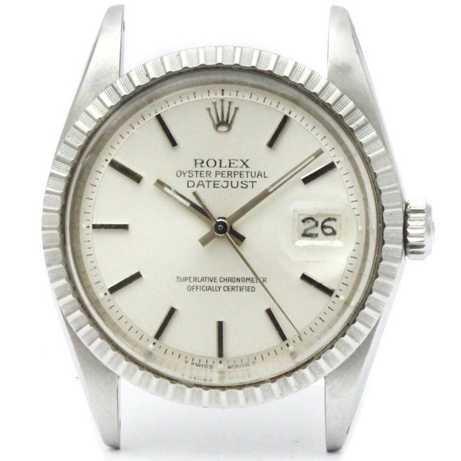 Steel 36mm Rolex Datejust Men's Watch Silver Dial: Steel 36mm Rolex Datejust Men's Watch Silver Dial This Rolex Datejust men's watch features a silver steel case and bracelet with a 36mm diameter. The watch is made in Switzerland. It shows slight scra