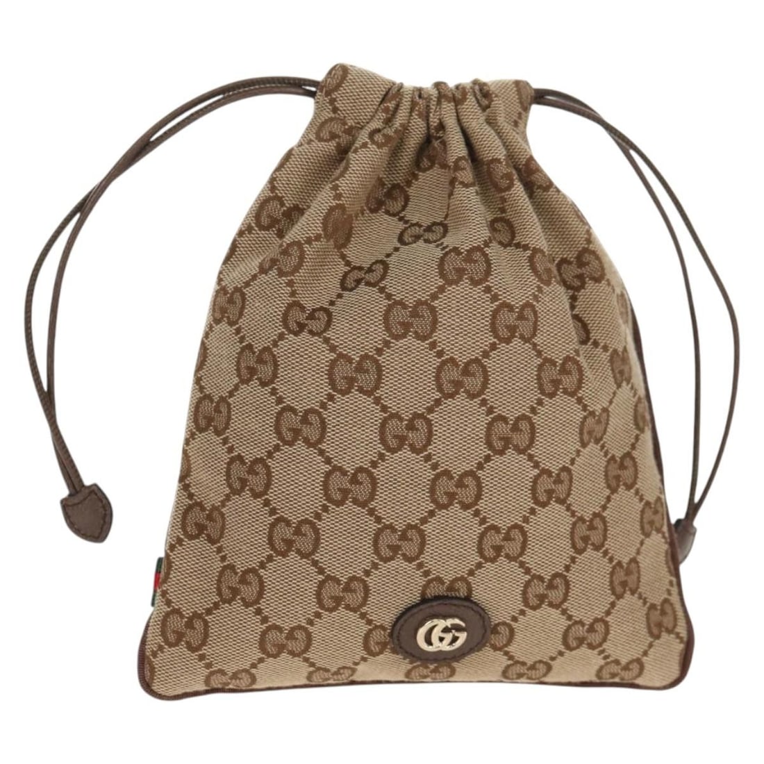 GUCCI GG Canvas Sherry Line Drawstring Pouch Beige Gold Auth BA7306M: GUCCI GG Canvas Sherry Line Drawstring Pouch Beige Gold Auth BA7306M This exquisite GUCCI GG Canvas Web Sherry Line Drawstring Pouch is a stylish accessory perfect for any occasion. Crafted in Italy,