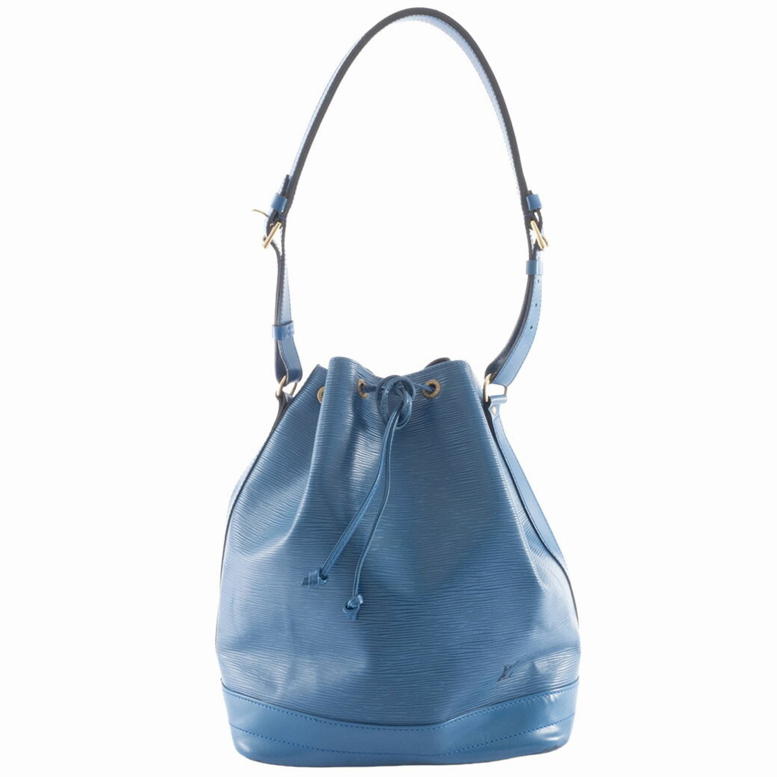 Blue Leather Noe Bag by Louis Vuitton for Women: Blue Leather Noe Bag by Louis Vuitton for Women Louis Vuitton Noe bag crafted from blue leather, designed for women. The bag features a spacious interior and classic silhouette, with slight signs of u