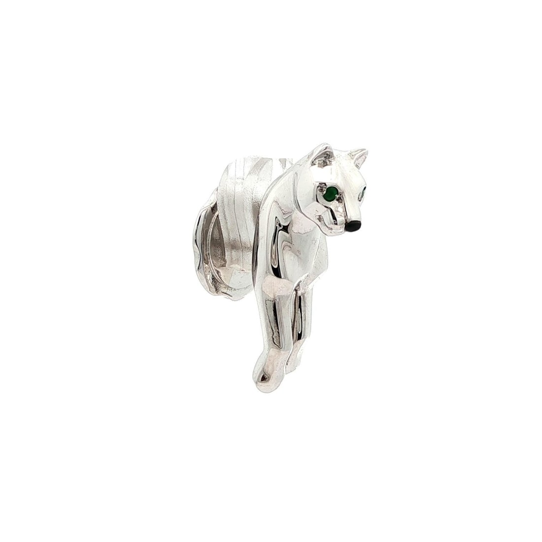 Vintage Cartier 18k White Gold Panther Tie Tack with Green Eyes and Black Onyx: Vintage Cartier 18k White Gold Panther Tie Tack with Green Eyes and Black Onyx This exquisite vintage Cartier tie tack features a striking design of a panther's nose set in solid 18k white gold. Accen