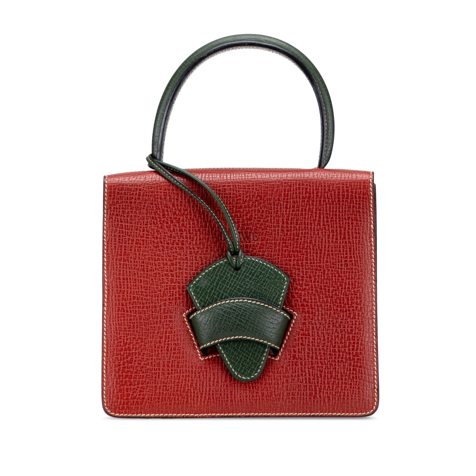 LOEWE Red Textured Leather Barcelona Handbag Italy: LOEWE Red Textured Leather Barcelona Handbag Italy Introducing the LOEWE Textured Leather Barcelona Handbag, a stylish accessory that combines elegance with practicality. This handbag showcases a luxu