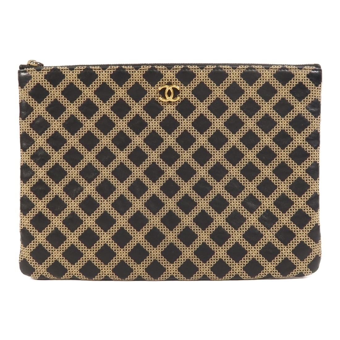 Black Lambskin Leather CHANEL CC Clutch Pouch with Gold Tone Hardware: Black Lambskin Leather CHANEL CC Clutch Pouch with Gold Tone Hardware This CHANEL clutch bag features a classic black lambskin leather exterior with gold tone hardware. Designed in a regular size, it