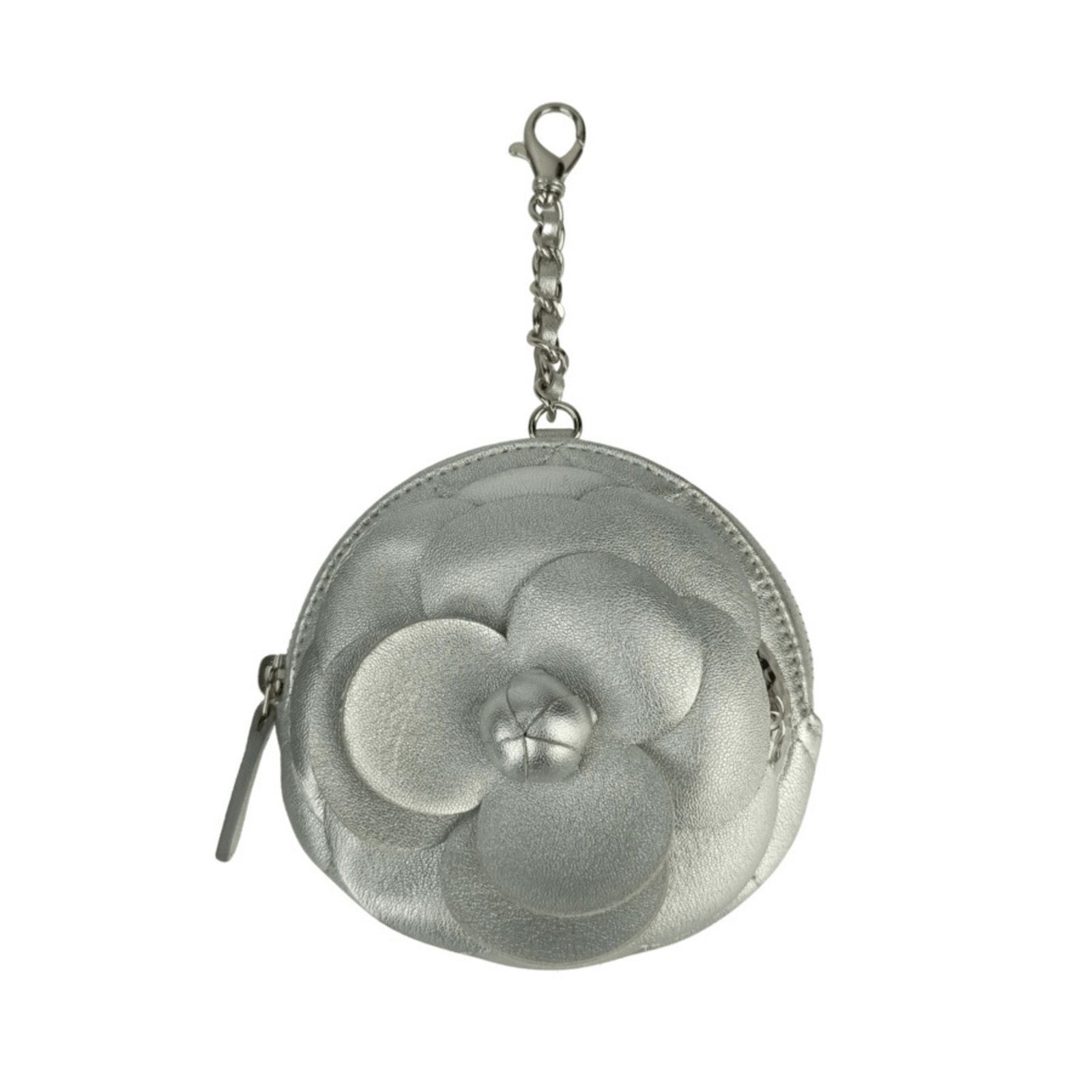 Camellia Silver Leather Wallet by Chanel: Camellia Silver Leather Wallet by Chanel This Chanel Camellia accessory features a silver color and is crafted from leather. Designed for women, it has a compact square shape. The exterior shows sligh