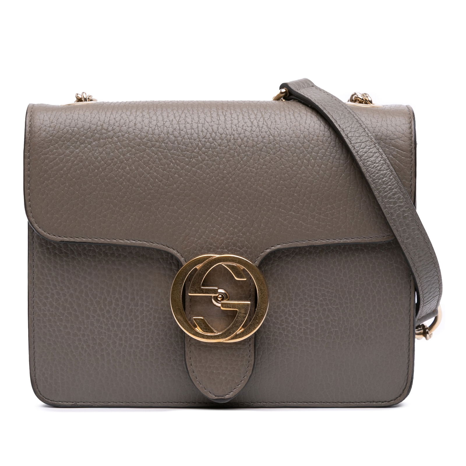 Gucci Small Dollar Calfskin Interlocking G Brown Crossbody Bag: Gucci Small Dollar Calfskin Interlocking G Brown Crossbody Bag The Gucci Small Dollar Calfskin Interlocking G Crossbody Bag is an elegant accessory crafted from high-quality leather. It features a sty