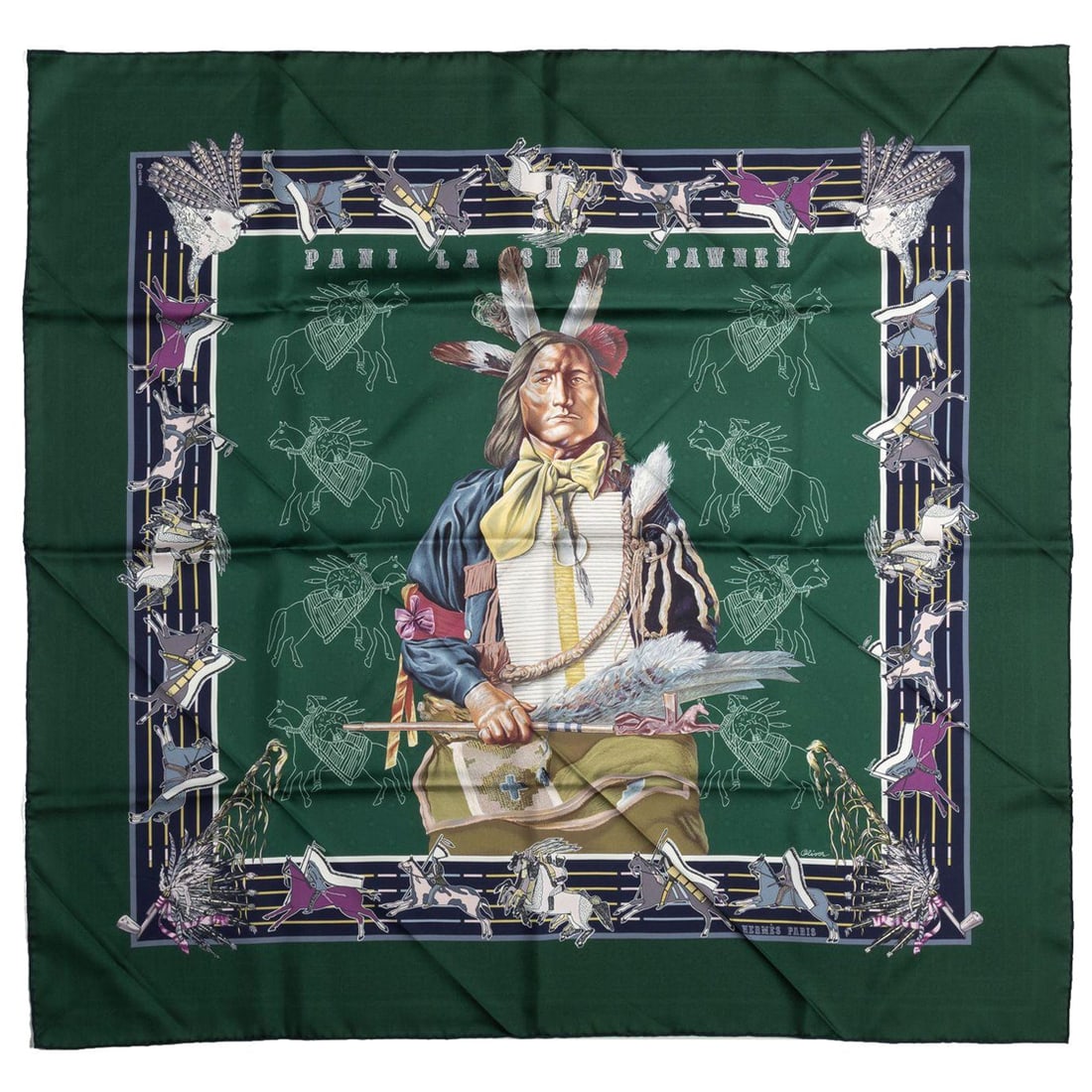Hermes Limited Edition Pawnee Bandana Scarf by Kermit Oliver: Hermes Limited Edition Pawnee Bandana Scarf by Kermit Oliver Experience the elegance of this limited edition Hermes Pawnee Bandana Scarf, a stunning accessory that embodies the artistry of renowned de