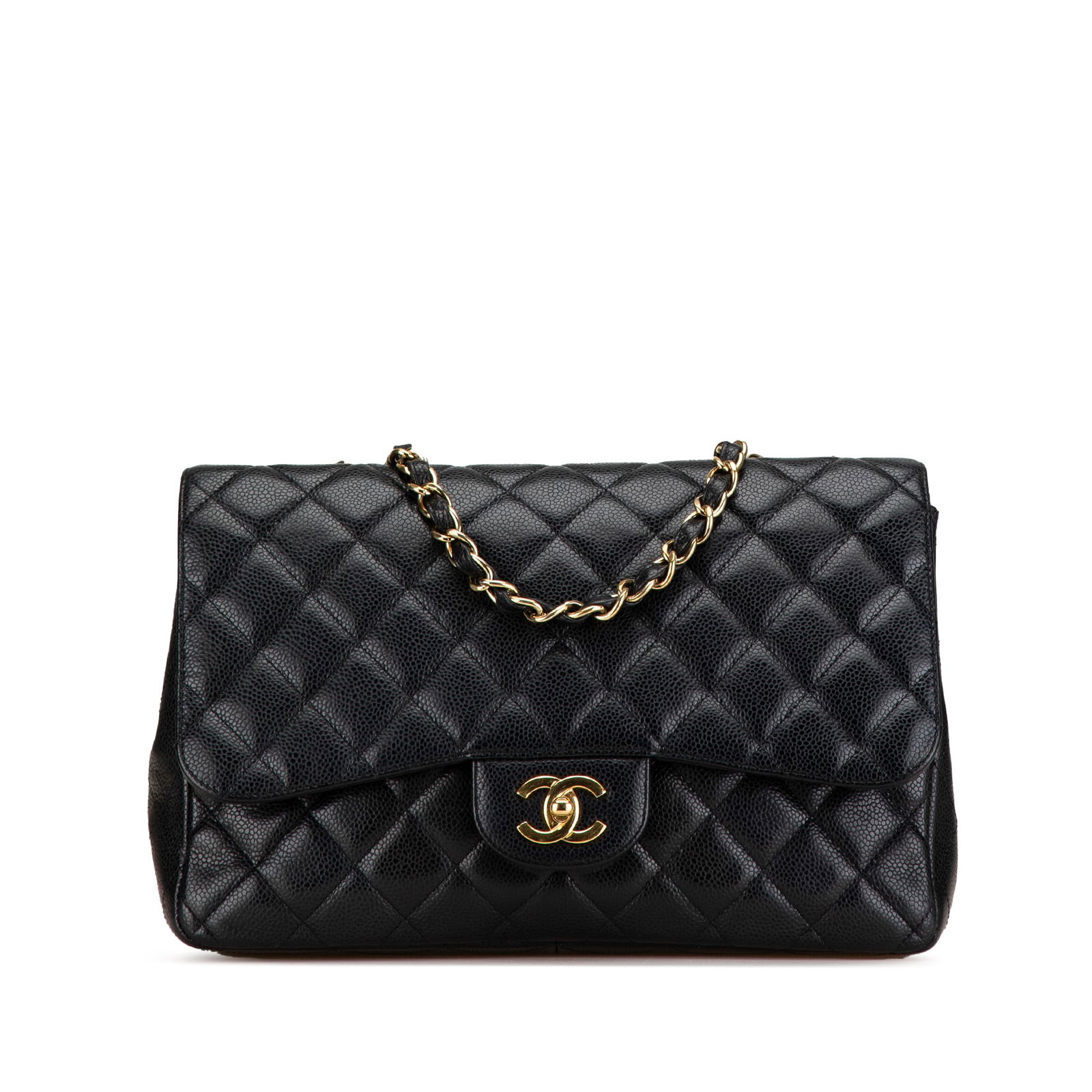 Chanel Jumbo Classic Caviar Single Flap Black Leather Bag: Chanel Jumbo Classic Caviar Single Flap Black Leather Bag This Chanel Jumbo Classic Caviar Single Flap bag is a timeless piece featuring a luxurious quilted caviar leather exterior. It boasts leather