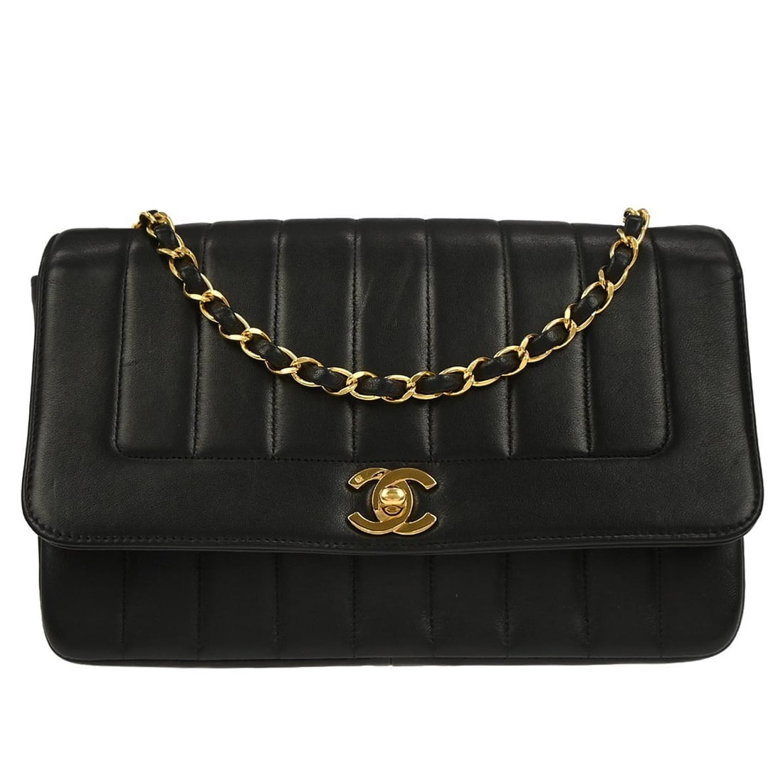 Black Lambskin Chanel Mademoiselle Single Flap Quilted Shoulder Bag: Black Lambskin Chanel Mademoiselle Single Flap Quilted Shoulder Bag This Chanel Mademoiselle single flap shoulder bag features luxurious black lambskin leather with a vertical stitch quilted finish. I
