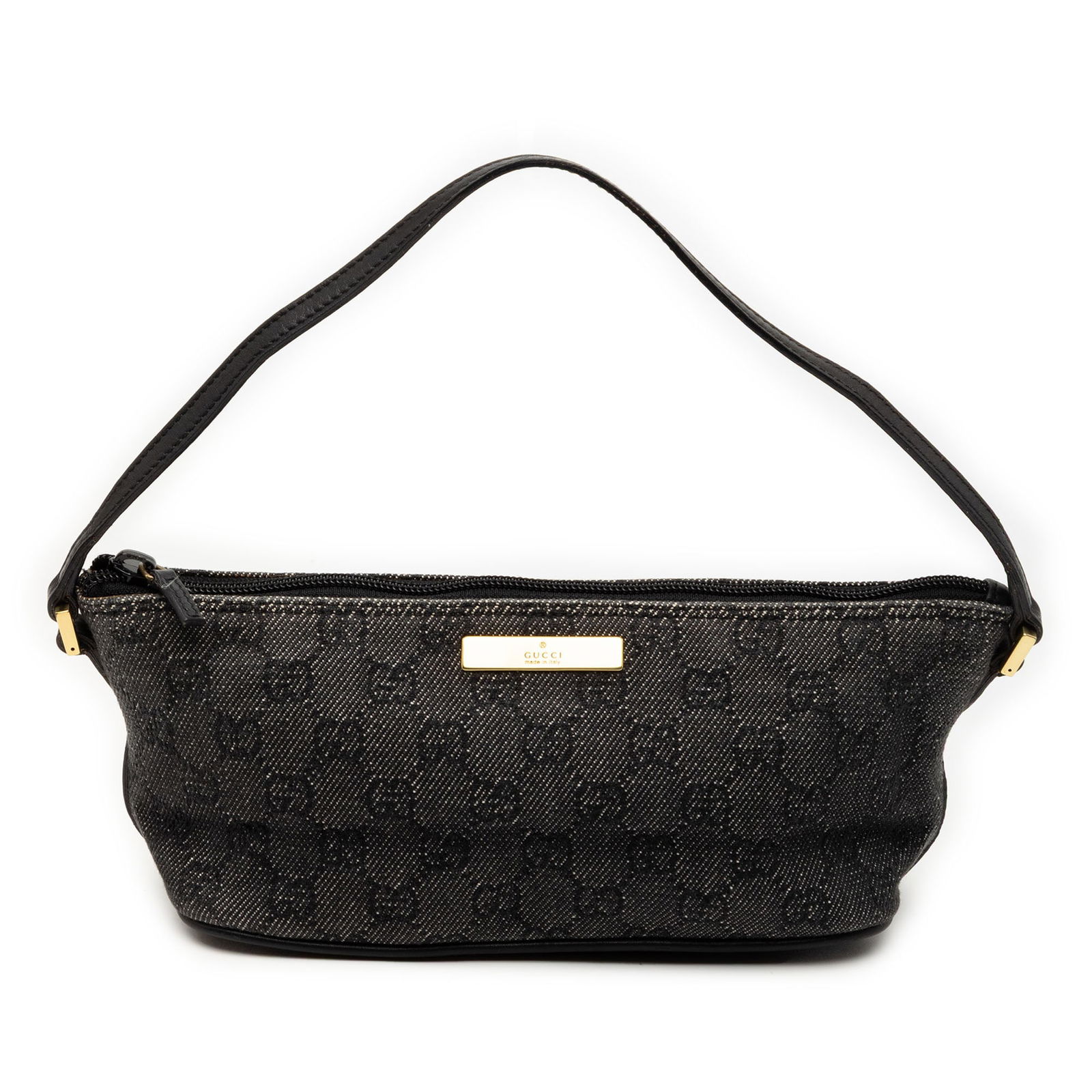 Gucci GG Denim Boat Shoulder Bag with Leather Trim: Gucci GG Denim Boat Shoulder Bag with Leather Trim This Gucci GG Denim Boat shoulder bag features a denim body with leather trim, a flat leather strap, and a top zip closure. The bag comes in gray and