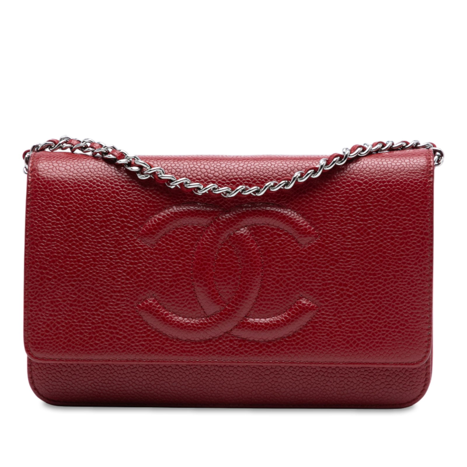 Chanel CC Red Caviar Leather Wallet On Chain with Magnetic Closure: Chanel CC Red Caviar Leather Wallet On Chain with Magnetic Closure This Chanel CC Caviar Wallet On Chain is expertly crafted from luxurious caviar leather in a striking red hue. It features a woven le
