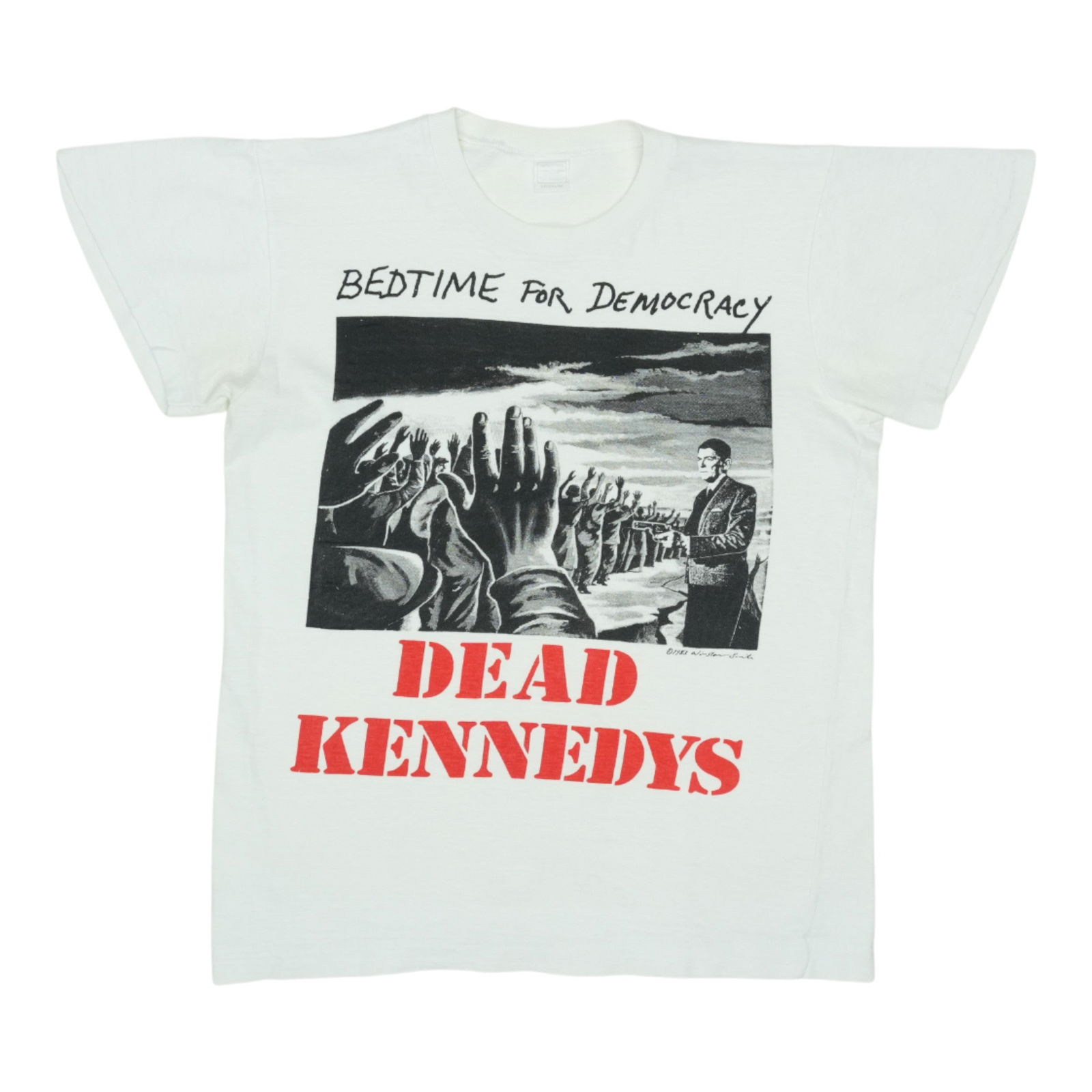 Vintage 1983 Bed Time For Democracy Dead Kennedys White Cotton T-Shirt: Vintage 1983 Bed Time For Democracy Dead Kennedys White Cotton T-Shirt This is an original vintage 1983 Dead Kennedys Bed Time For Democracy shirt. It features no graphics on the back and is made from