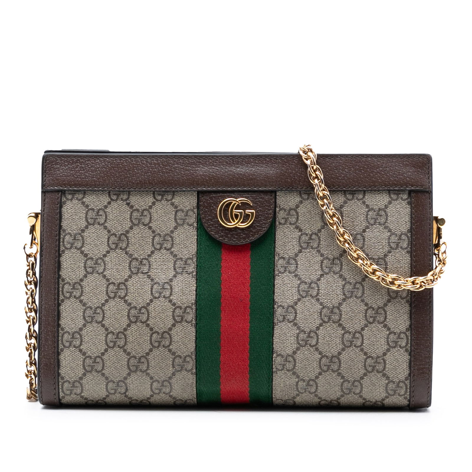 Small Ophidia GG Supreme Chain Strap Crossbody Bag by Gucci: Small Ophidia GG Supreme Chain Strap Crossbody Bag by Gucci This Gucci Ophidia crossbody bag showcases the iconic GG Supreme coated canvas with leather trim. It features a chain link strap, an open to