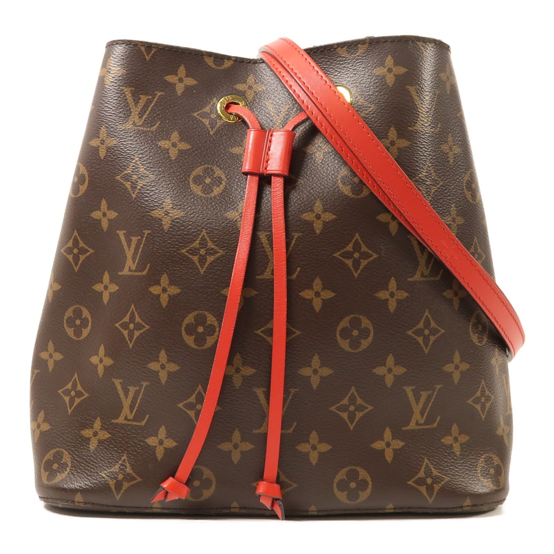 Louis Vuitton Neo Noe Monogram Red Canvas Bucket Shoulder Bag M44021 GHW: Louis Vuitton Neo Noe Monogram Red Canvas Bucket Shoulder Bag M44021 GHW This Louis Vuitton Neo Noe bucket bag features a classic monogram design with a red exterior and gold-tone hardware. Crafted fr