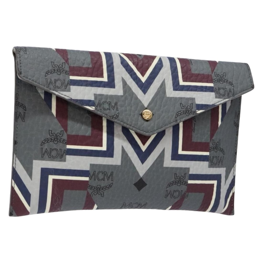 MCM Logogram Vicetos Clutch Bag Gray Gold PVC Leather Auth: MCM Logogram Vicetos Clutch Bag Gray Gold PVC Leather Auth This MCM Logogram Vicetos Clutch Bag is a stylish accessory crafted from durable PVC leather, featuring a chic gray and gold color combinatio