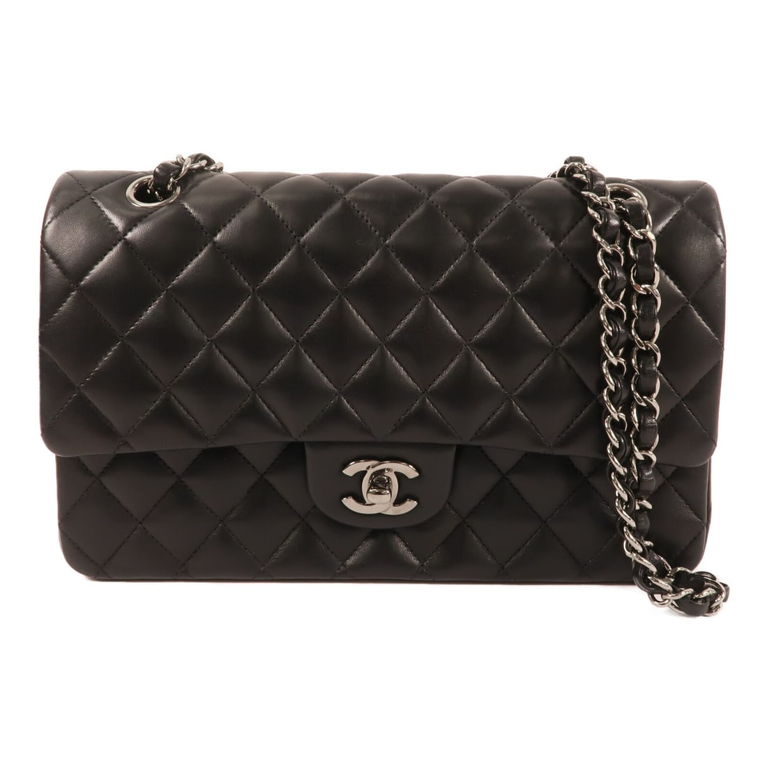 Chanel Classic 25 Black Lambskin Chain Shoulder Bag A01112 Silver Hardware: Chanel Classic 25 Black Lambskin Chain Shoulder Bag A01112 Silver Hardware This CHANEL Classic 25 chain shoulder bag features luxurious black lambskin leather and a signature CC design with silver-ton