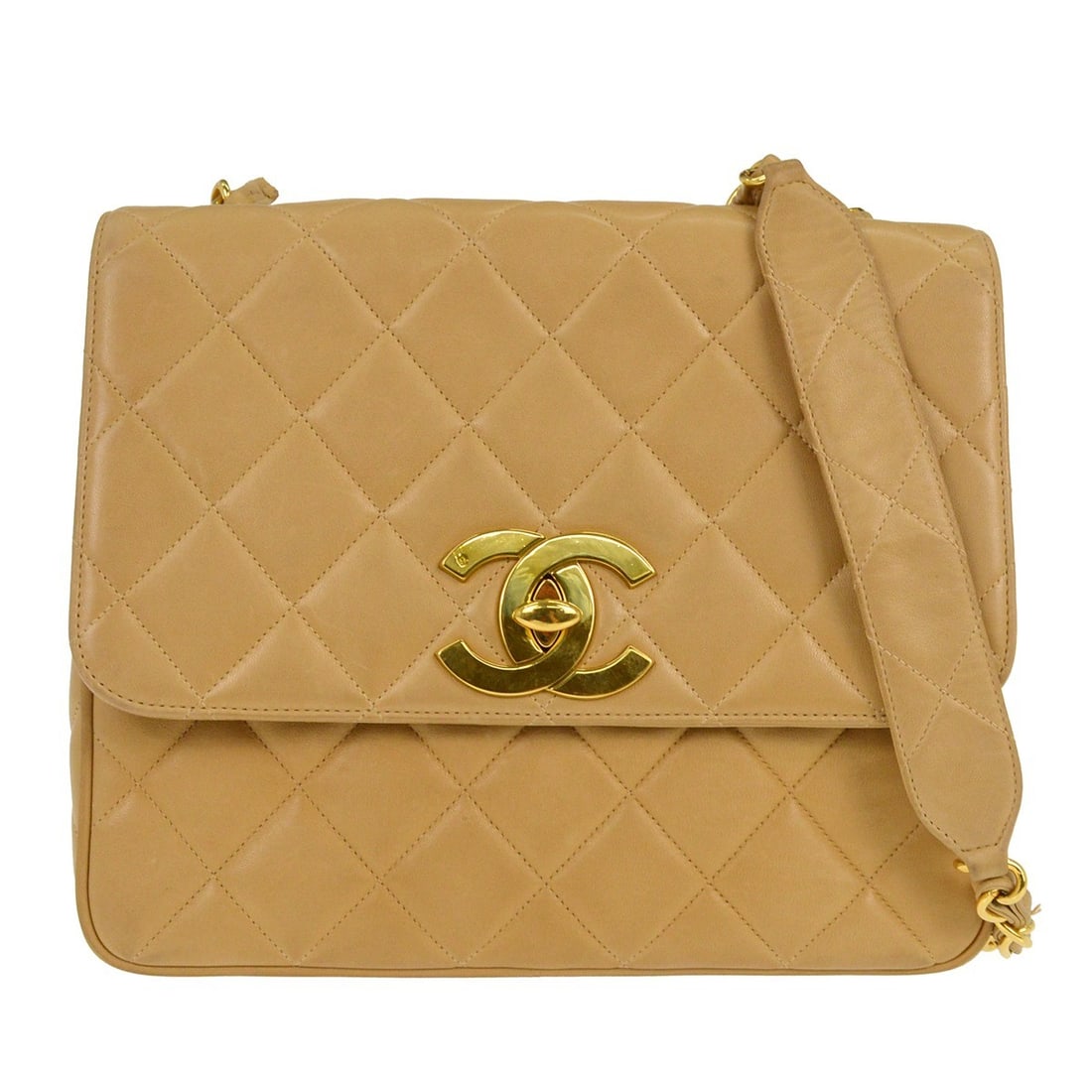 Classic Single Flap Beige Lambskin Shoulder Bag by Chanel: Classic Single Flap Beige Lambskin Shoulder Bag by Chanel This Chanel Classic Single Flap Shoulder Bag features a beige lambskin leather exterior with a quilted matelasse pattern. It is designed with