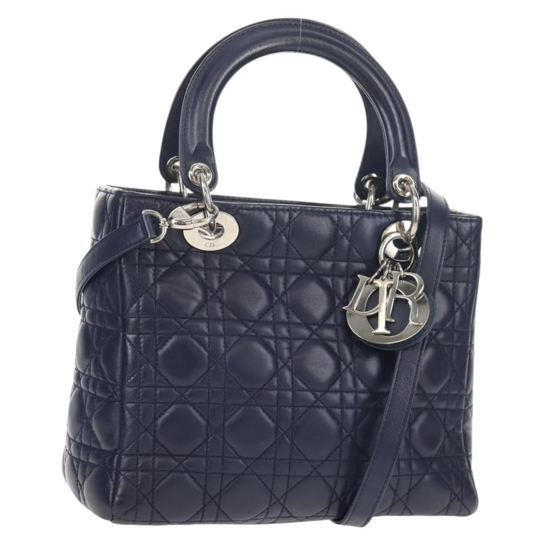 Christian Dior Lady Dior Navy Leather Hand Bag 2way with Silver Accents (1 of 18)