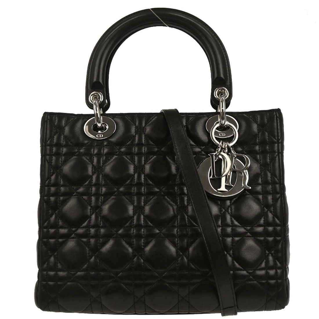 Dior Lady Dior Cannage Black Quilted Lambskin Large 2way Satchel Handbag: Dior Lady Dior Cannage Black Quilted Lambskin Large 2way Satchel Handbag This Christian Dior Lady Dior handbag features black lambskin leather with the signature Cannage quilting design. It has a larg