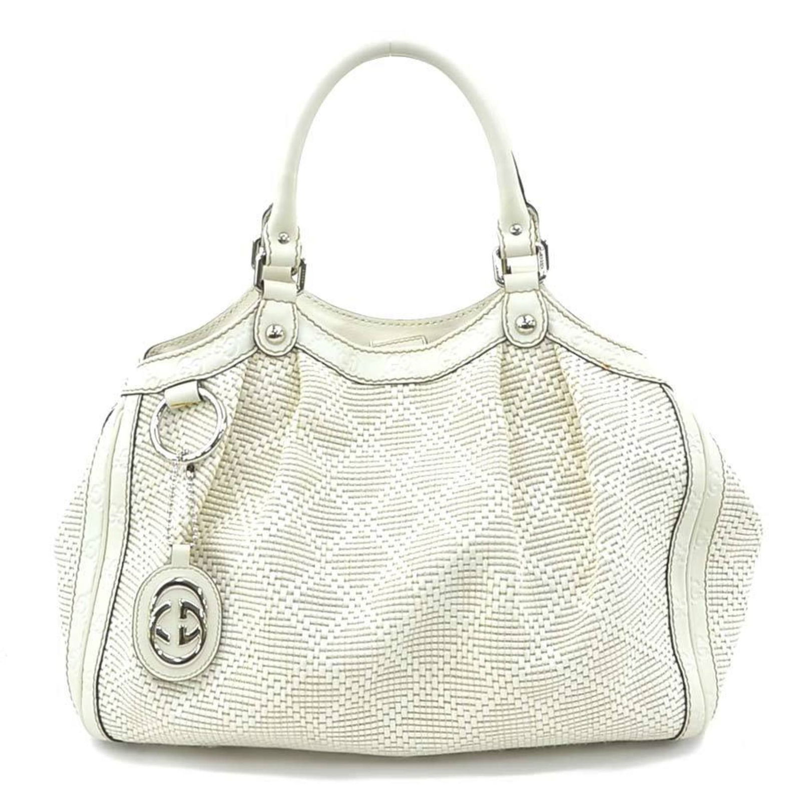 White Leather Sukey Tote by Gucci Italy: White Leather Sukey Tote by Gucci Italy The Gucci Sukey is a women's handbag crafted from white leather. It features a spacious design with dimensions of 29.5cm x 33.5cm x 11cm. Made in Italy, this ba