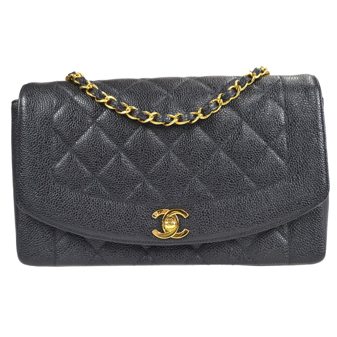 Chanel Medium Diana Black Caviar Chain Shoulder Bag: Chanel Medium Diana Black Caviar Chain Shoulder Bag This Chanel Medium Diana Chain Shoulder Bag is a stunning accessory crafted from luxurious black caviar skin. Featuring a turn lock closure, it has