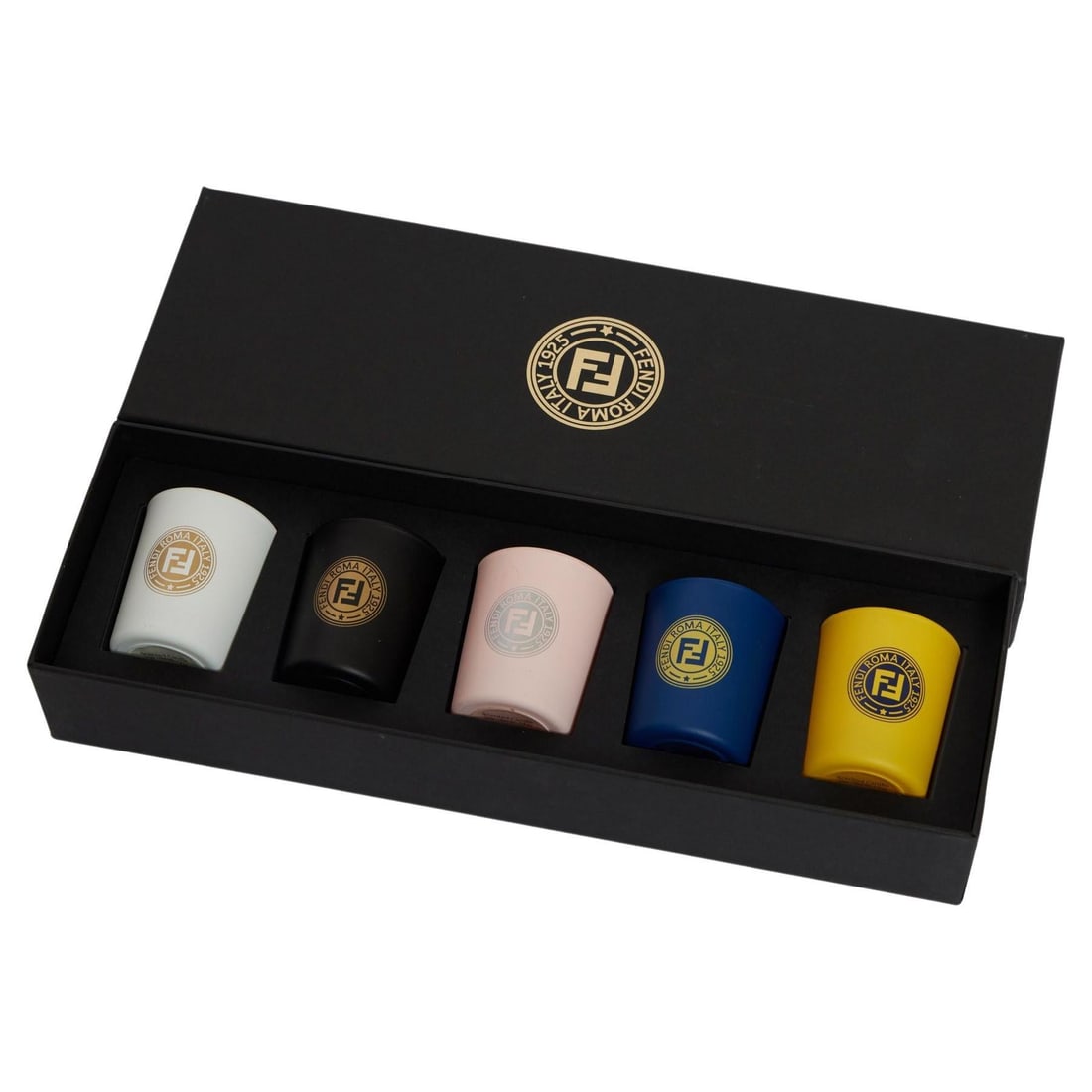 Fendi Logo Scented Candles Set of 5 Multicolor Ceramic Jars: Fendi Logo Scented Candles Set of 5 Multicolor Ceramic Jars Elevate your home ambiance with this exquisite set of Fendi Logo Scented Candles. Crafted in Italy, this designer collection features five m