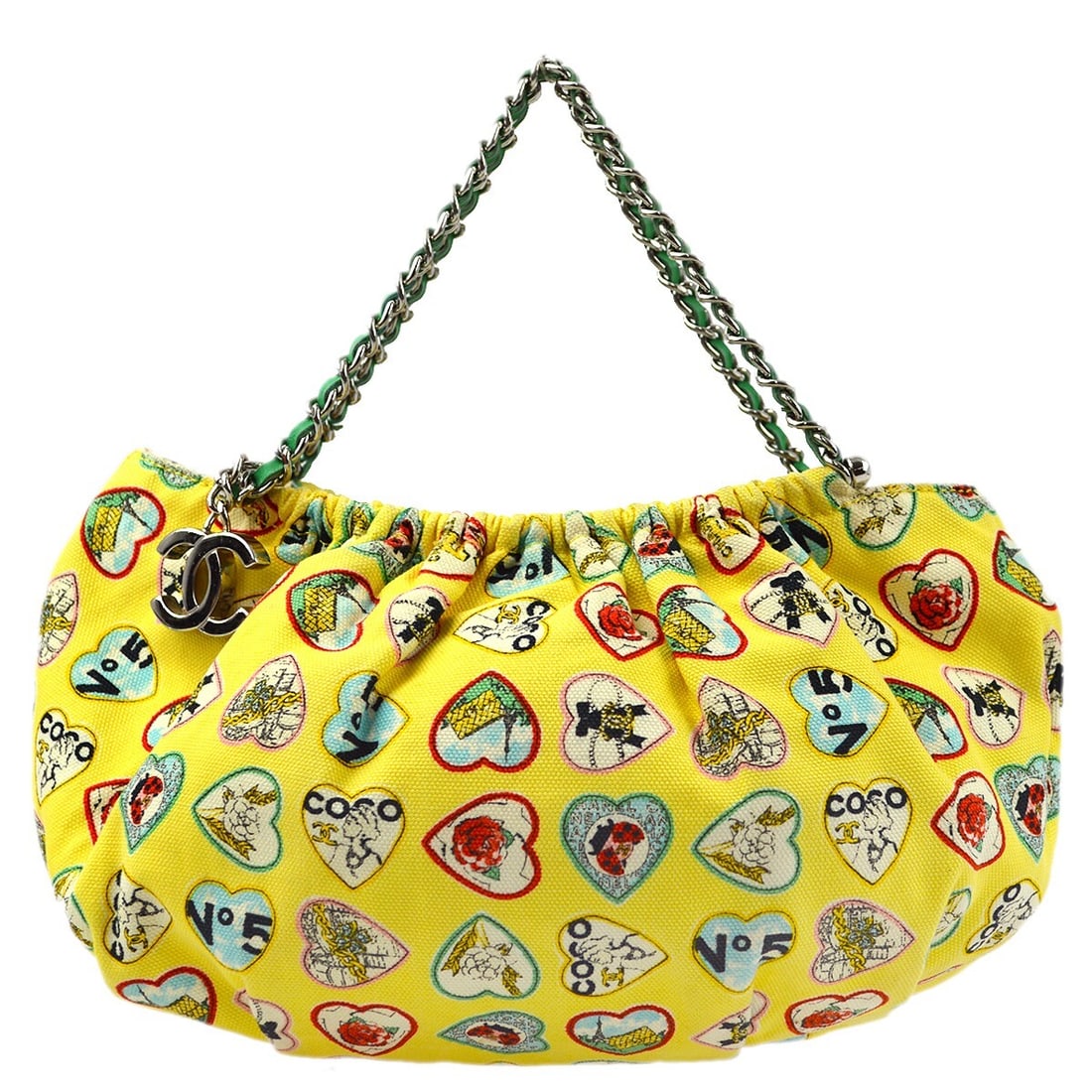 Chanel Yellow Canvas Valentine Chain Top Handle Handbag: Chanel Yellow Canvas Valentine Chain Top Handle Handbag This stylish Chanel Yellow Canvas Valentine Chain Handbag is perfect for casual occasions. It features a vibrant yellow exterior made of durable