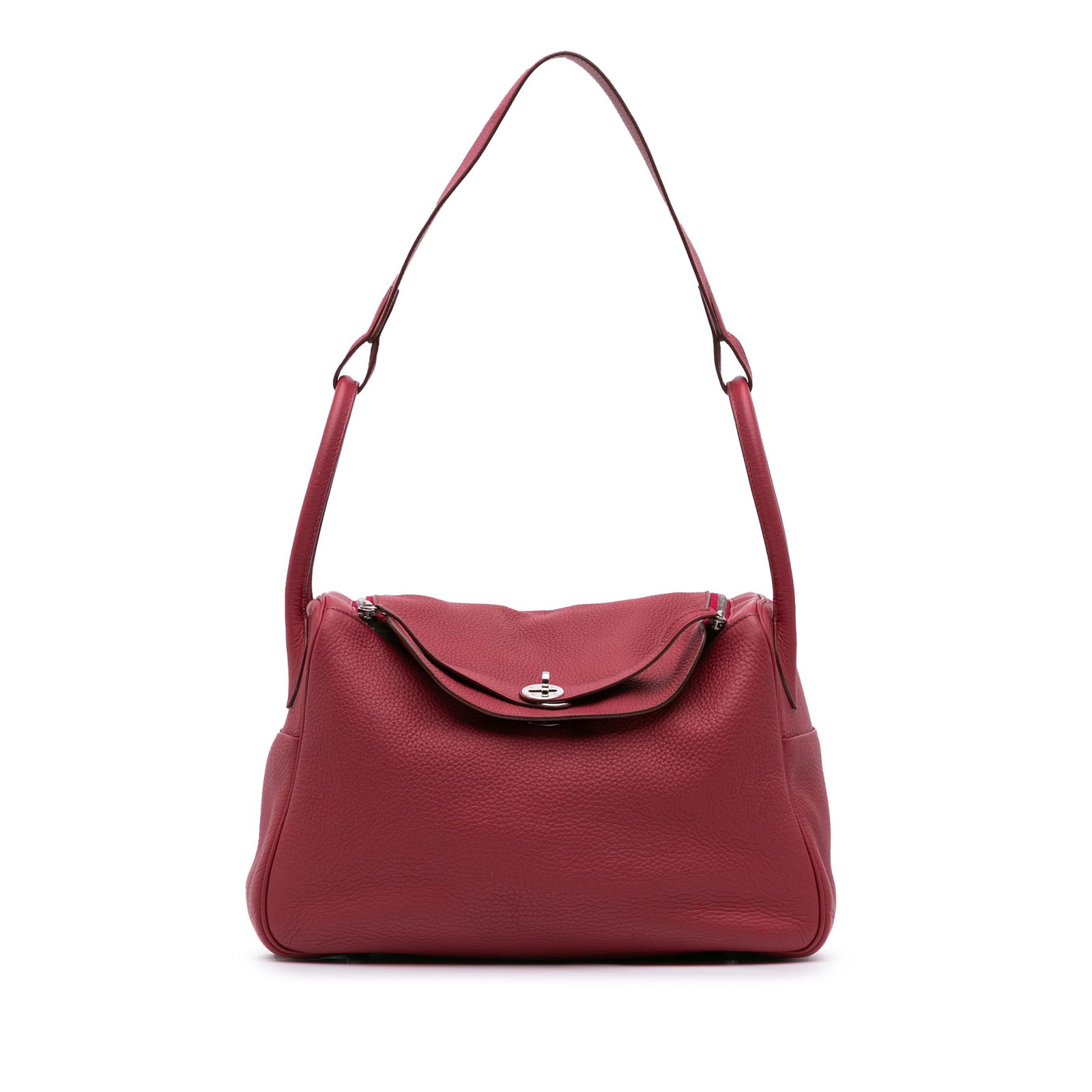 Hermes Clemence Lindy 34 Red Leather Handbag with Turnlock Closure: Hermes Clemence Lindy 34 Red Leather Handbag with Turnlock Closure Introducing the Hermes Clemence Lindy 34, a luxurious handbag crafted from exquisite Clemence leather in a striking Rubis color. This
