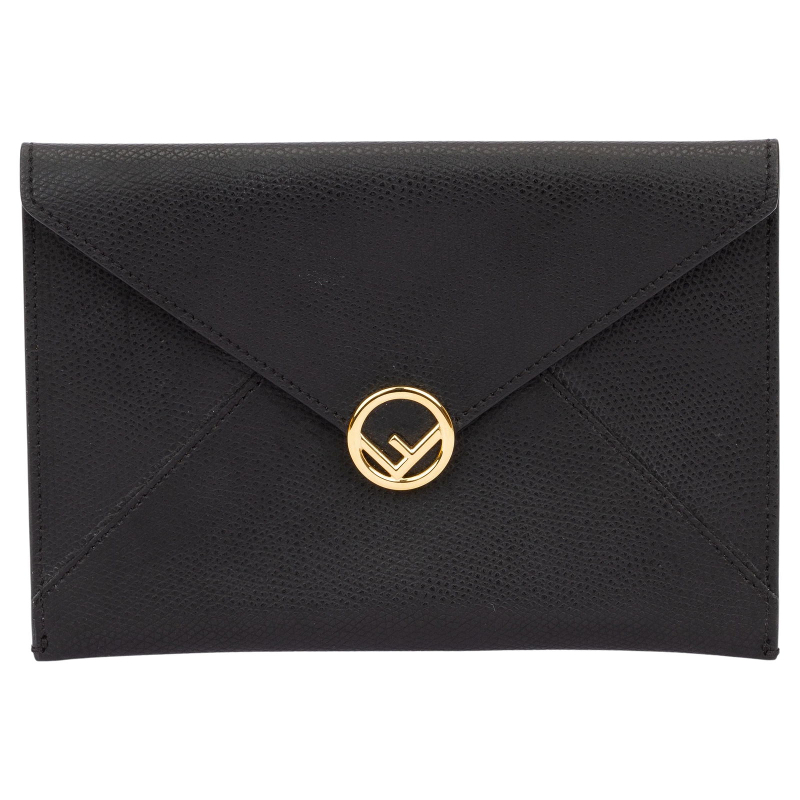 Fendi Black Medium Envelope Pouch Textured Calfskin Leather: Fendi Black Medium Envelope Pouch Textured Calfskin Leather This Fendi Envelope Pouch in black is a stylish and functional accessory crafted from textured calfskin leather. It features a sleek design