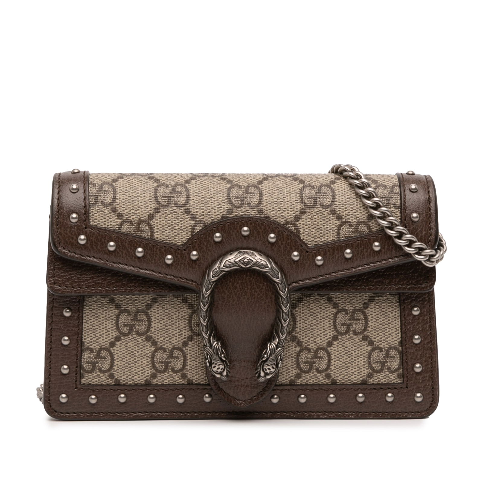 Gucci Mini GG Supreme Studs Dionysus Brown Crossbody Bag: Gucci Mini GG Supreme Studs Dionysus Brown Crossbody Bag The Gucci Mini GG Supreme Studs Dionysus Crossbody bag is a stylish accessory crafted from coated canvas with luxurious studded leather trim. I