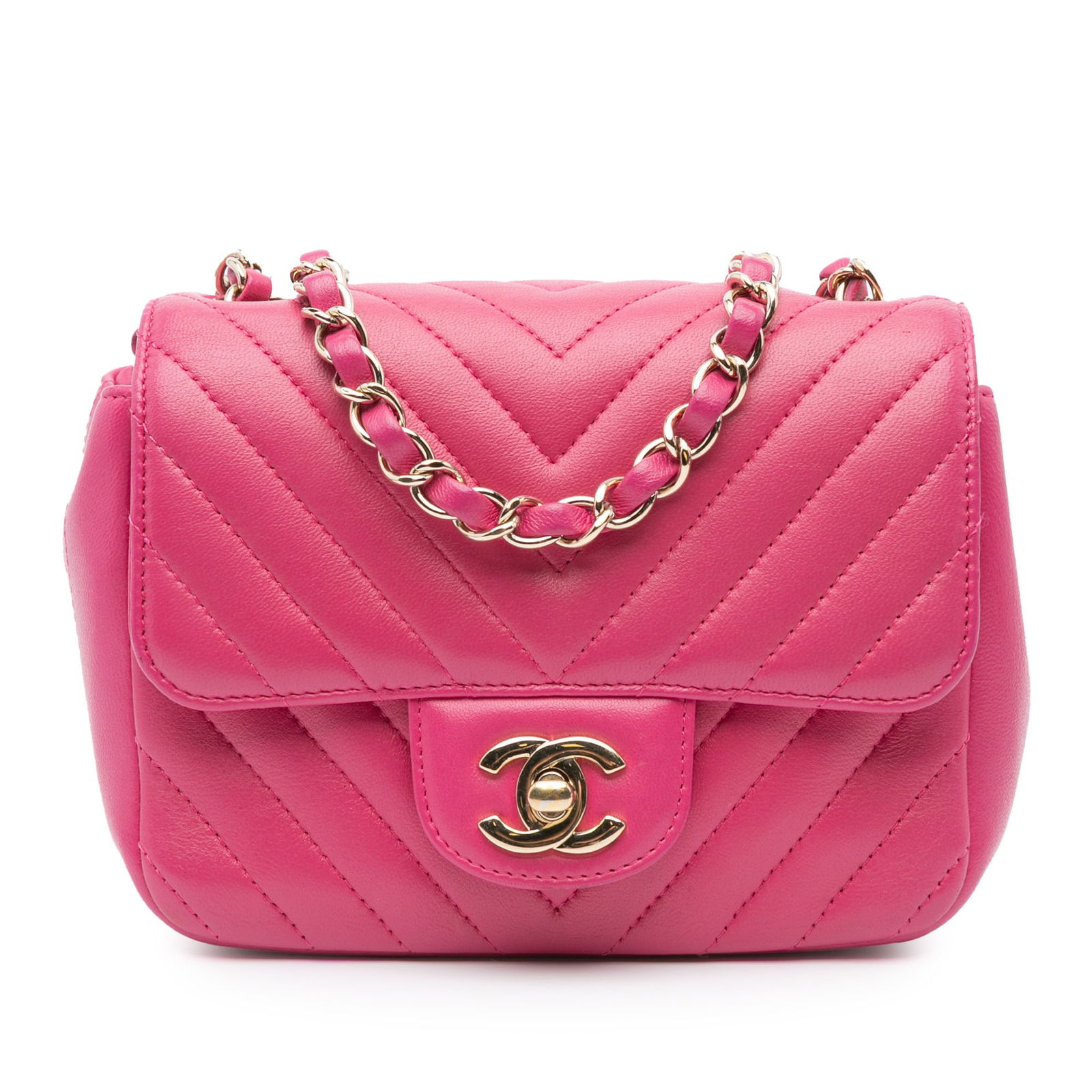 Chanel Mini Square Classic Chevron Pink Lambskin Flap Bag: Chanel Mini Square Classic Chevron Pink Lambskin Flap Bag This Chanel Mini Square Classic Chevron is a stylish and compact bag made from luxurious quilted lambskin leather in a beautiful pink hue. It