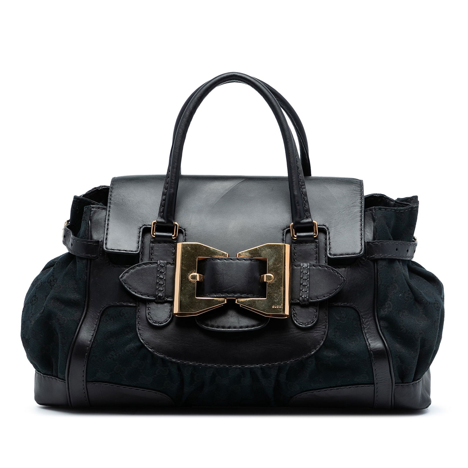 Gucci Dialux Queen GG Canvas Black Leather Tote Bag: Gucci Dialux Queen GG Canvas Black Leather Tote Bag This Gucci GG Canvas and Leather Dialux Queen Tote features a black canvas and leather construction, rolled leather handles, a front flap with buckl