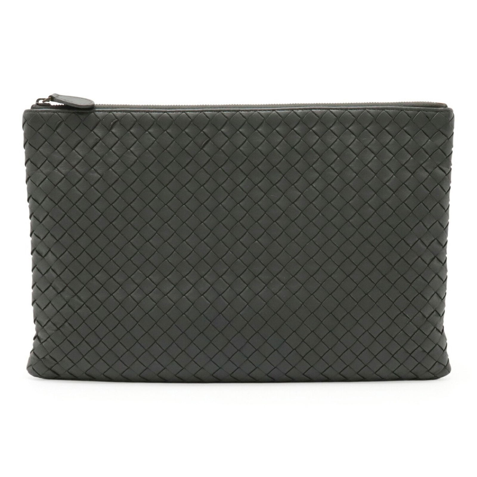 Grey Intrecciato Leather Clutch by Bottega Veneta 19cm x 29.5cm: Grey Intrecciato Leather Clutch by Bottega Veneta 19cm x 29.5cm This Bottega Veneta Intrecciato handbag features a signature woven leather design in grey. Crafted in Italy, the bag is designed for wom
