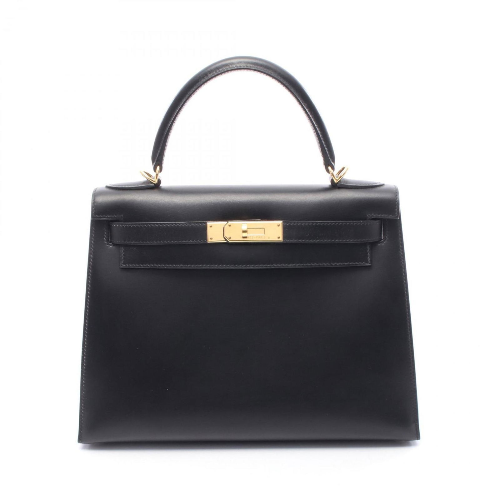 Black Leather Kelly 28 Handbag by Hermes France: Black Leather Kelly 28 Handbag by Hermes France This Hermes Kelly 28 is a classic leather handbag in black, designed for women. It features a structured silhouette with dimensions of 28 cm wide, 21 cm