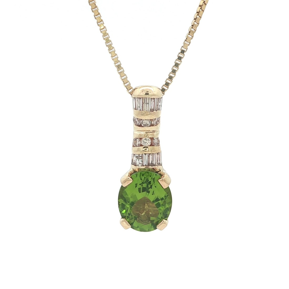 Oval Peridot and Diamond Pendant Necklace in 14k Yellow Gold with 16 Inch Box Chain: Oval Peridot and Diamond Pendant Necklace in 14k Yellow Gold with 16 Inch Box Chain This elegant necklace features a pendant set with a natural oval-cut peridot, approximately 3.50 carats, accented by