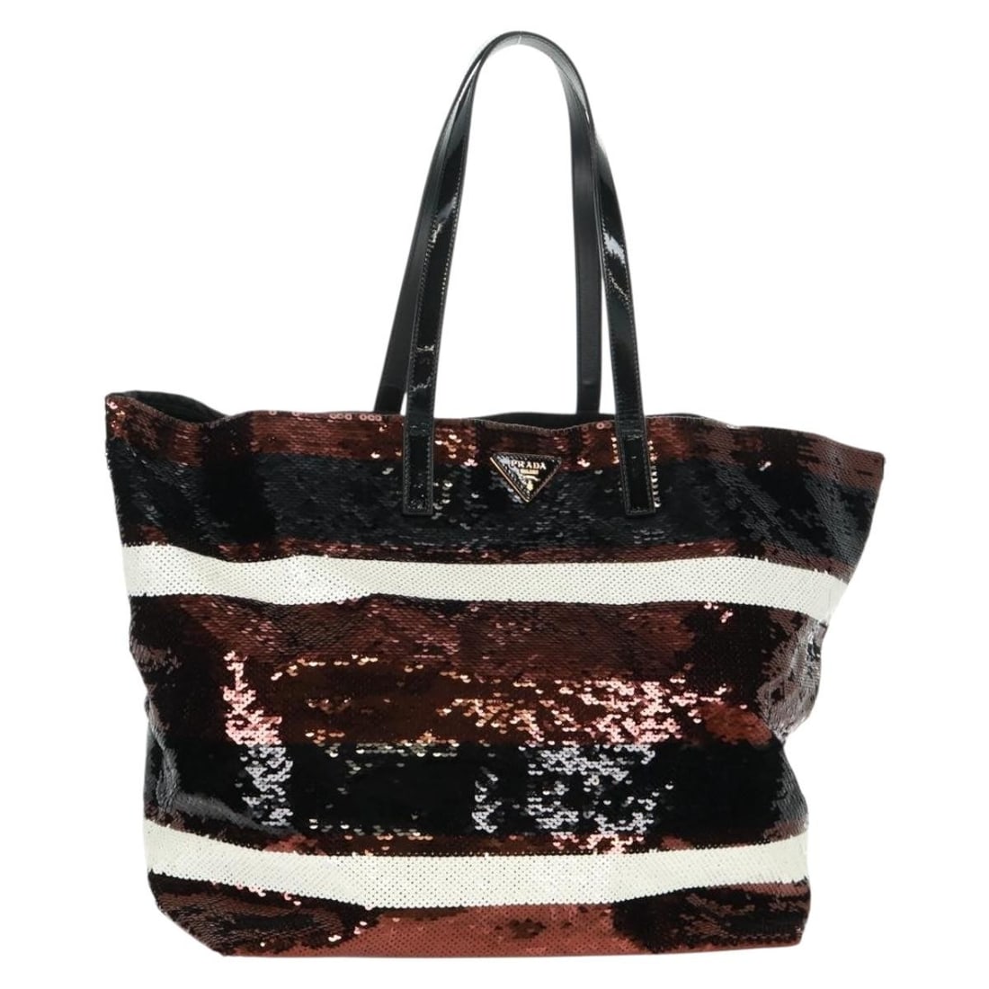 Prada Gold and Black Nylon Tote with Sequin Detail and Dust Bag: Prada Gold and Black Nylon Tote with Sequin Detail and Dust Bag This PRADA tote bag features a striking gold and black color combination with a sequin-adorned exterior crafted from nylon. Made in Ital