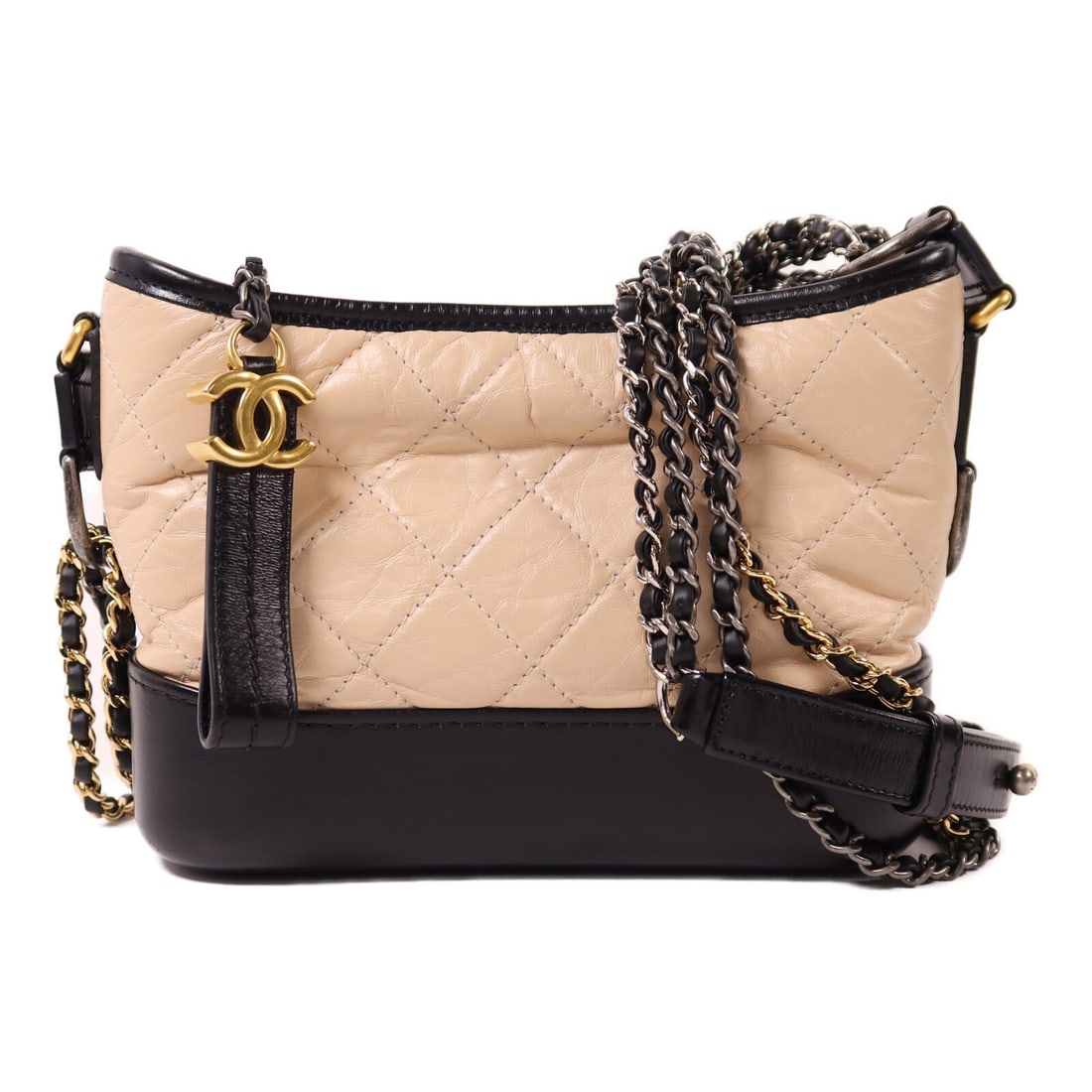 Chanel Gabrielle Beige and Black Calfskin Leather Chain Shoulder Bag A91810: Chanel Gabrielle Beige and Black Calfskin Leather Chain Shoulder Bag A91810 This CHANEL Gabrielle CC chain shoulder bag features a stylish beige and black design crafted from calfskin leather. The bag