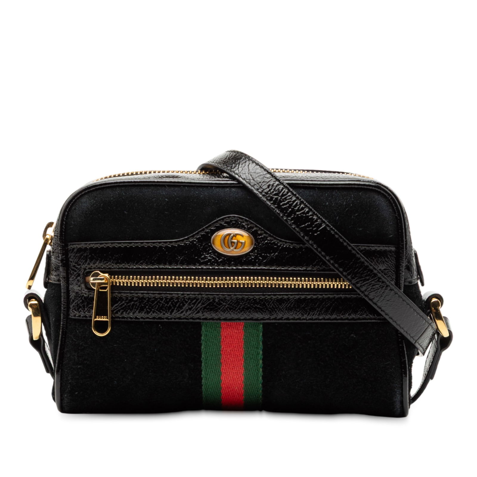 Gucci Ophidia Mini Black Suede and Leather Crossbody Bag: Gucci Ophidia Mini Black Suede and Leather Crossbody Bag This Gucci Mini Suede Ophidia Crossbody bag features a black suede body with leather trim, an adjustable flat leather strap, a top zip closure,