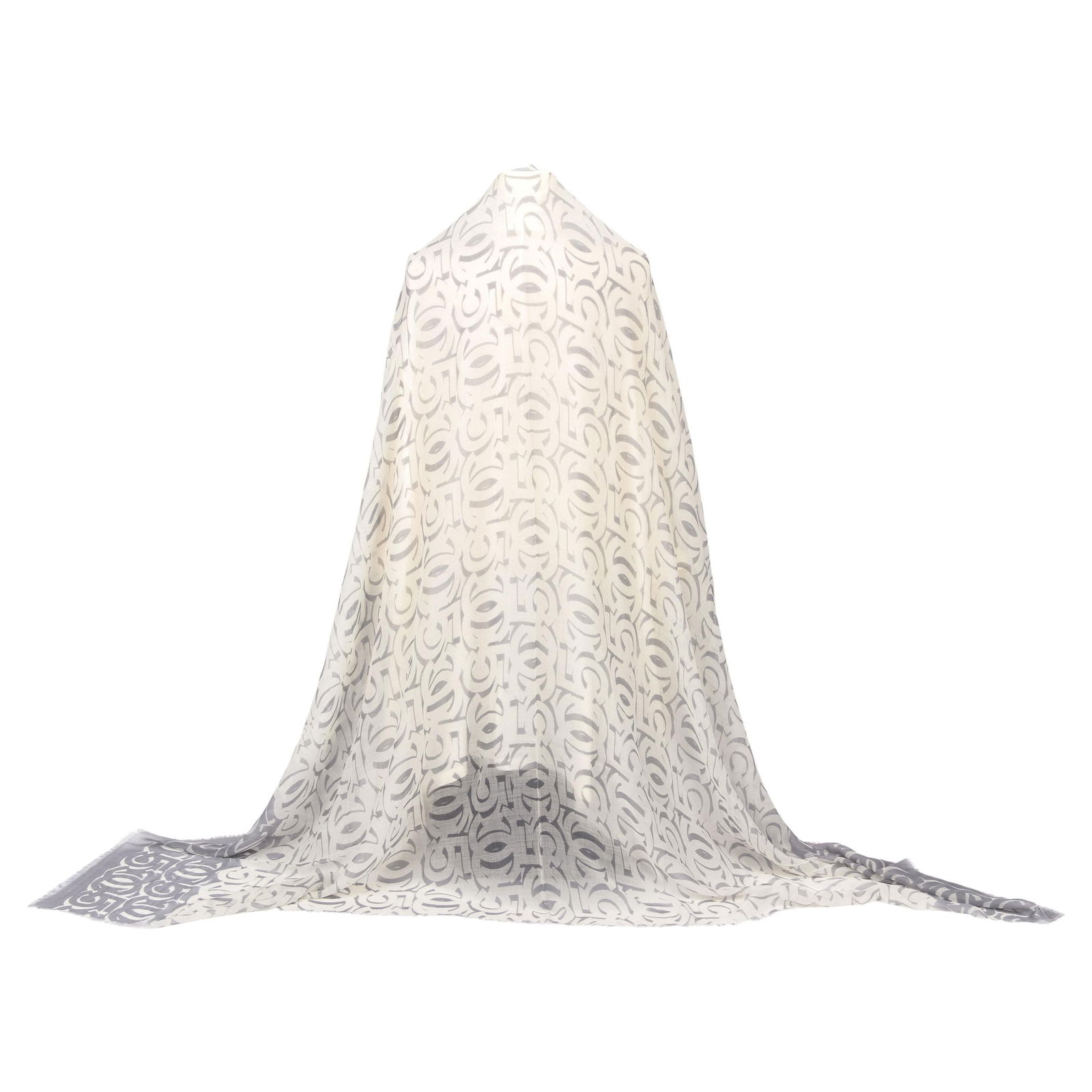 Chanel White Grey Logo CC Cashmere Silk Shawl Scarf 54in (1 of 5)