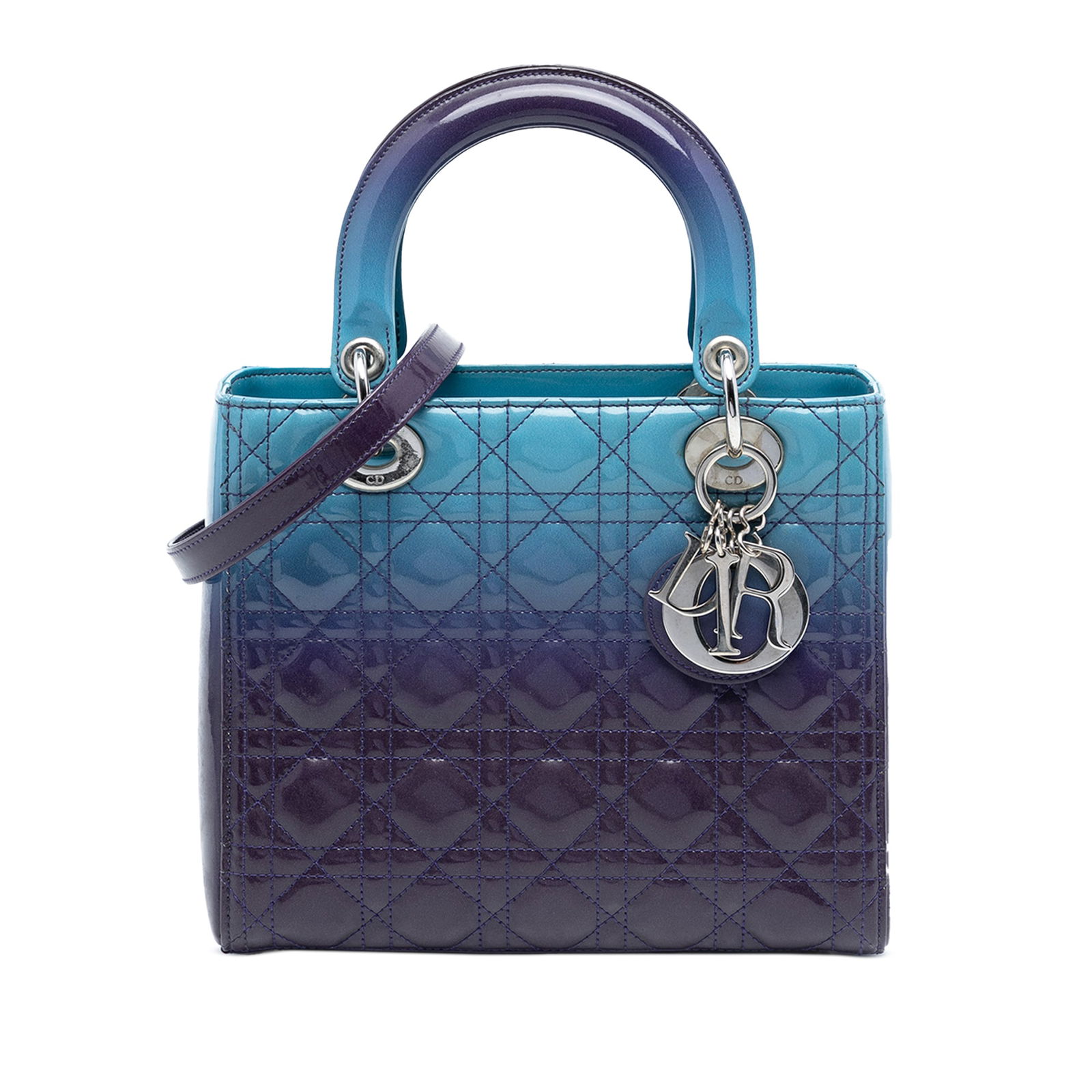 Dior Lady Dior Medium Ombre Cannage Patent Leather Shoulder Bag: Dior Lady Dior Medium Ombre Cannage Patent Leather Shoulder Bag This Medium Ombre Patent Cannage Lady Dior bag features a quilted patent leather exterior in a purple ombre finish. It is designed with